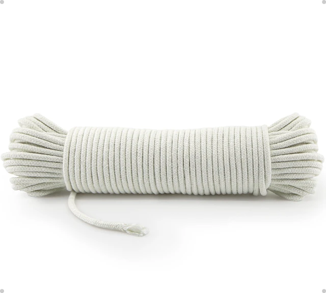 Main image of 100ft 3/16" Clothesline White Braided Cotton Rope Strong for Crafts Laundry | Soft Cotton Cord with Synthetic Core for Clothes Line OutdoorsCamping Macramé Gentle Grip Secure Knot Smooth Weave UV-safe