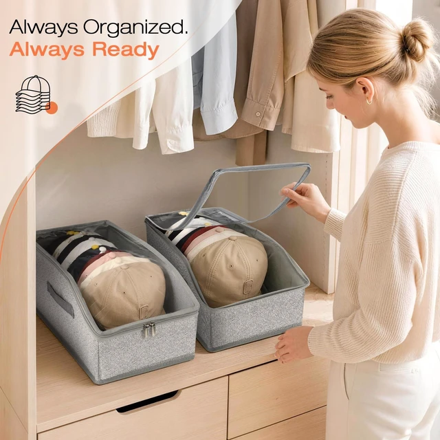 Alt view image 3 of 7 - Hat Organizer for Baseball Caps, Hat Storage with Large Clear Window for Closet, Hat Box with Cardboard Liner, Dust-Resistant, Stackable, Holds 12-15 Caps, Grey