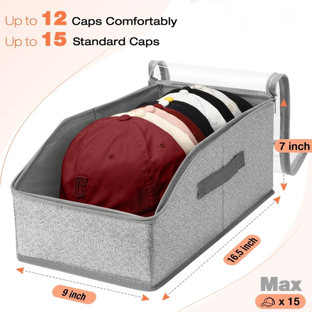 Alt view image 2 of 7 - Hat Organizer for Baseball Caps, Hat Storage with Large Clear Window for Closet, Hat Box with Cardboard Liner, Dust-Resistant, Stackable, Holds 12-15 Caps, Grey