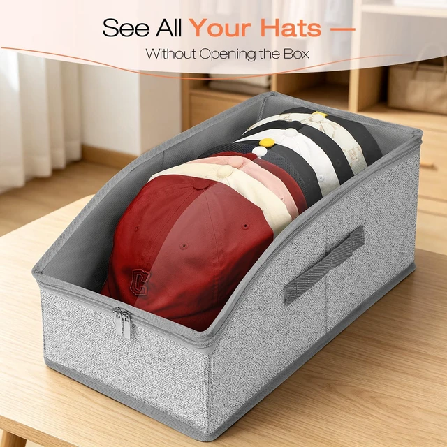 Alt view image 4 of 7 - Hat Organizer for Baseball Caps, Hat Storage with Large Clear Window for Closet, Hat Box with Cardboard Liner, Dust-Resistant, Stackable, Holds 12-15 Caps, Grey