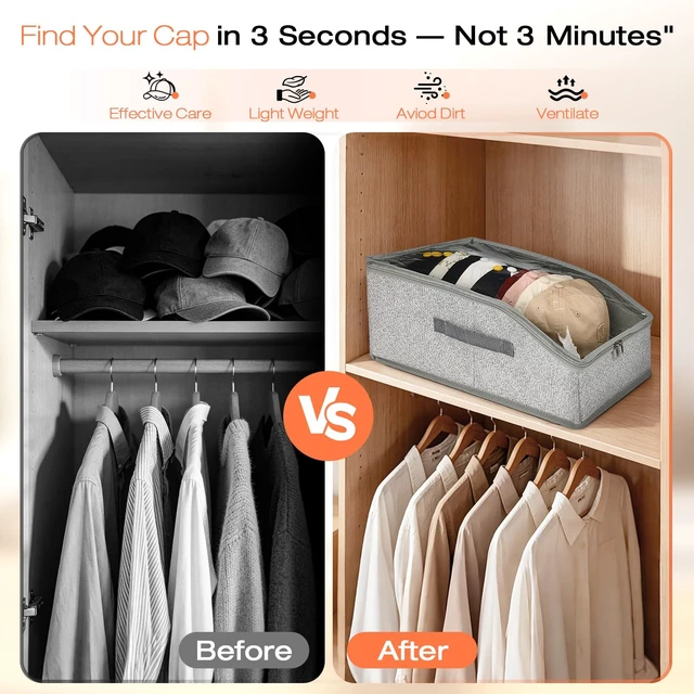 Alt view image 6 of 7 - Hat Organizer for Baseball Caps, Hat Storage with Large Clear Window for Closet, Hat Box with Cardboard Liner, Dust-Resistant, Stackable, Holds 12-15 Caps, Grey