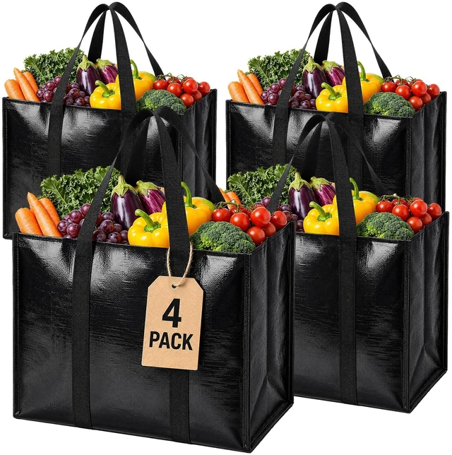 Main image of 4 Pack Reusable Grocery Bags with Handles Waterproof Shopping Tote Bags | Waterproof Inside & Out, Stands Upright, Foldable, Heavy-Duty 33L Large-Capacity Tote for Groceries, Trunk Storage & Picnics