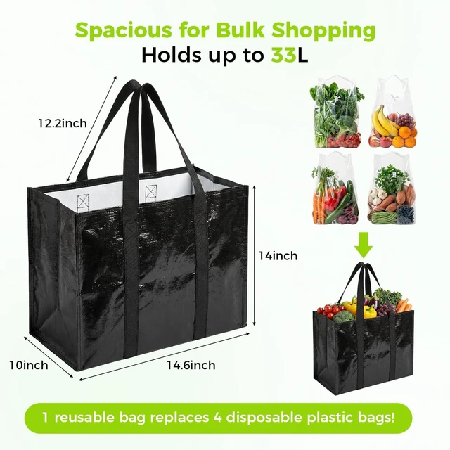 Alt view image 2 of 5 - 4 Pack Reusable Grocery Bags with Handles Waterproof Shopping Tote Bags | Waterproof Inside & Out, Stands Upright, Foldable, Heavy-Duty 33L Large-Capacity Tote for Groceries, Trunk Storage & Picnics