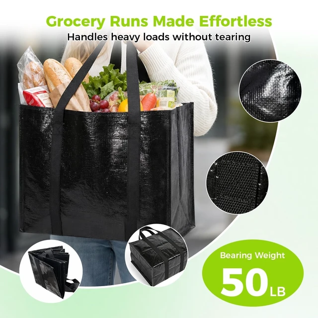 Alt view image 5 of 5 - 4 Pack Reusable Grocery Bags with Handles Waterproof Shopping Tote Bags | Waterproof Inside & Out, Stands Upright, Foldable, Heavy-Duty 33L Large-Capacity Tote for Groceries, Trunk Storage & Picnics