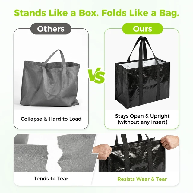 Alt view image 3 of 5 - 4 Pack Reusable Grocery Bags with Handles Waterproof Shopping Tote Bags | Waterproof Inside & Out, Stands Upright, Foldable, Heavy-Duty 33L Large-Capacity Tote for Groceries, Trunk Storage & Picnics