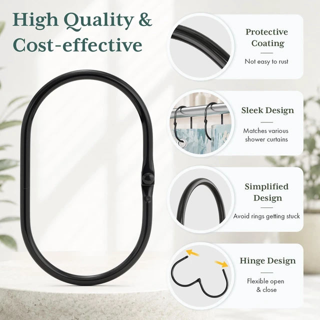 Alt view image 2 of 7 - Shower Curtain Rings Black Shower Curtain Hooks,Shower Rings for Curtain Rust Proof, Shower Curtain Hangers Anti-Drop Shower Hooks for Shower Curtain Rod Oval Bathroom Curtain Rings, 12Pcs