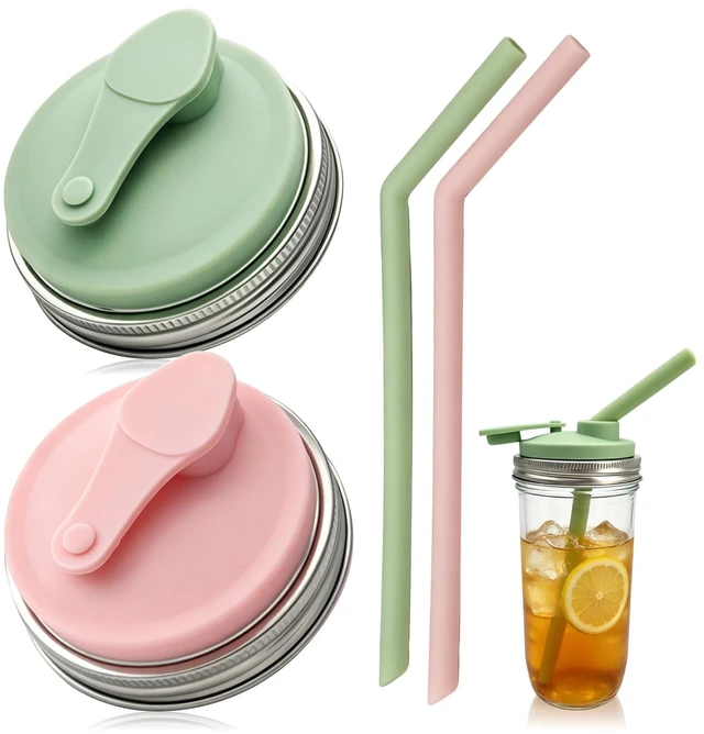 Main image of 2 Pack Wide Mouth Mason Jar Pour Spout Straw Drinking Lids | Stainless Steel & Silicone Flip Cap Lids for Iced Coffee, Smoothies - Leakproof, Fits Ball & Kerr Wide Mouth (Mint & Pink)