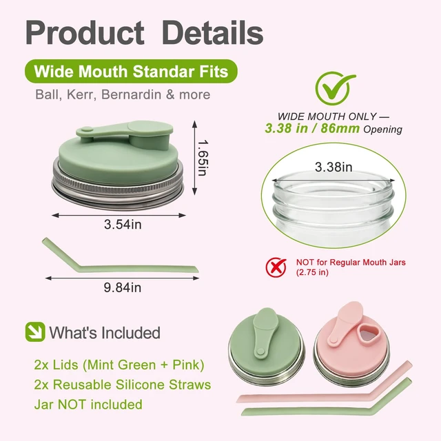 Alt view image 2 of 6 - 2 Pack Wide Mouth Mason Jar Pour Spout Straw Drinking Lids | Stainless Steel & Silicone Flip Cap Lids for Iced Coffee, Smoothies - Leakproof, Fits Ball & Kerr Wide Mouth (Mint & Pink)