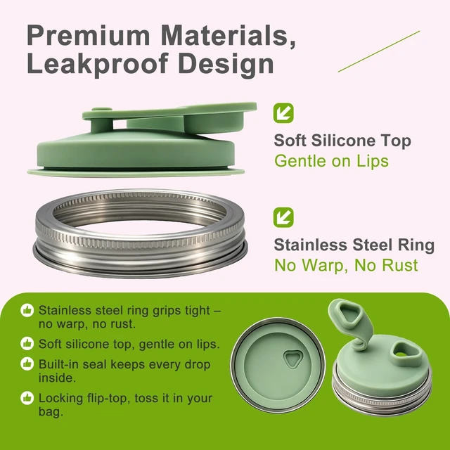 Alt view image 3 of 6 - 2 Pack Wide Mouth Mason Jar Pour Spout Straw Drinking Lids | Stainless Steel & Silicone Flip Cap Lids for Iced Coffee, Smoothies - Leakproof, Fits Ball & Kerr Wide Mouth (Mint & Pink)