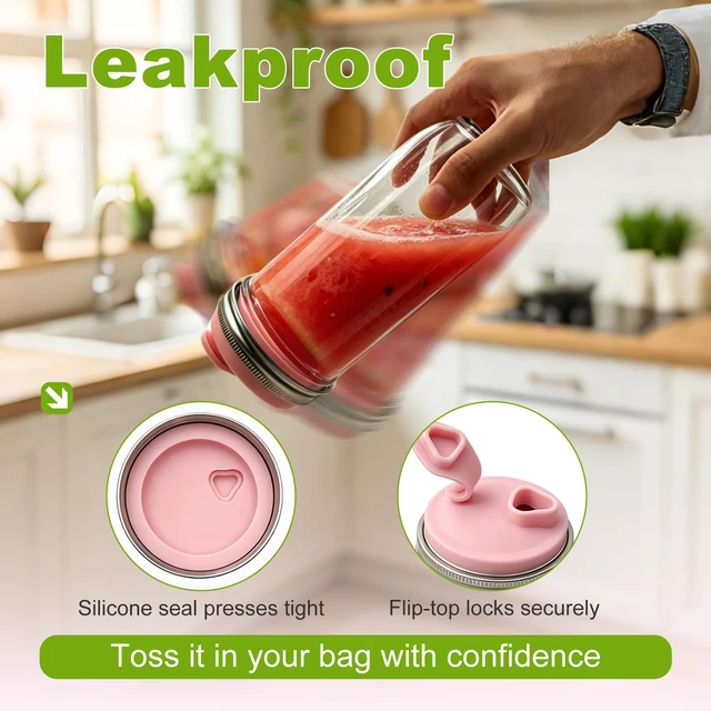 Alt view image 4 of 6 - 2 Pack Wide Mouth Mason Jar Pour Spout Straw Drinking Lids | Stainless Steel & Silicone Flip Cap Lids for Iced Coffee, Smoothies - Leakproof, Fits Ball & Kerr Wide Mouth (Mint & Pink)
