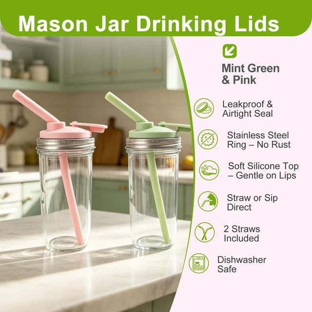 Alt view image 5 of 6 - 2 Pack Wide Mouth Mason Jar Pour Spout Straw Drinking Lids | Stainless Steel & Silicone Flip Cap Lids for Iced Coffee, Smoothies - Leakproof, Fits Ball & Kerr Wide Mouth (Mint & Pink)