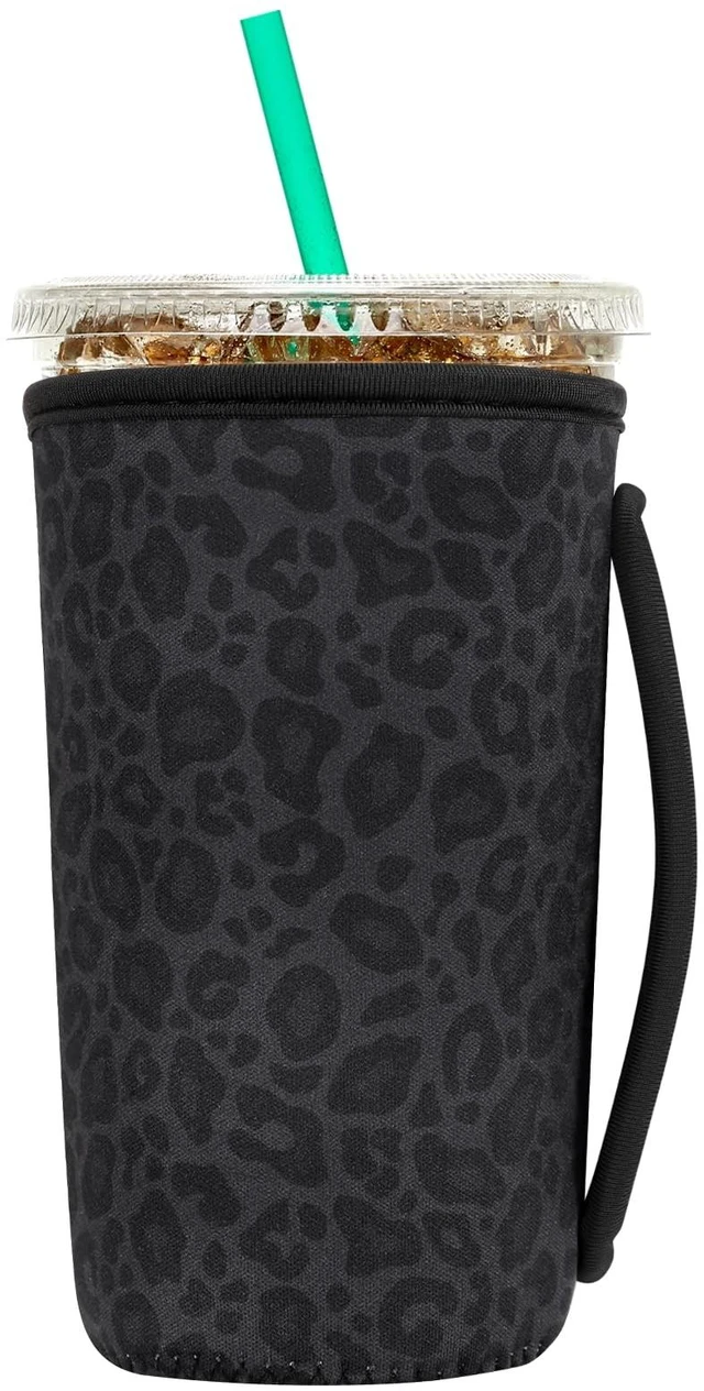 Main image of Insulated Neoprene Cup Sleeve for Iced Coffee & Cold Soda Reusable & Sweatproof, Keeps Drinks Cold Longer, Coffee Coolie for Hot & Iced Drinks (Black Leopard Print, Large: 32oz)