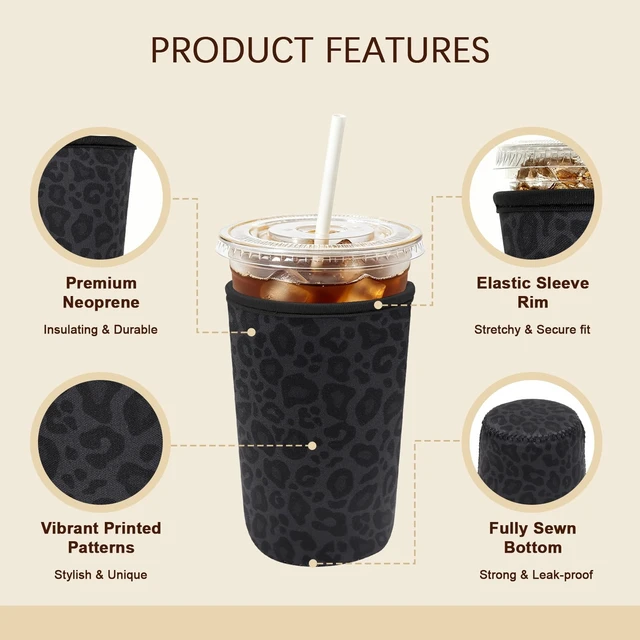 Alt view image 3 of 4 - Insulated Neoprene Cup Sleeve for Iced Coffee & Cold Soda Reusable & Sweatproof, Keeps Drinks Cold Longer, Coffee Coolie for Hot & Iced Drinks (Black Leopard Print, Large: 32oz)