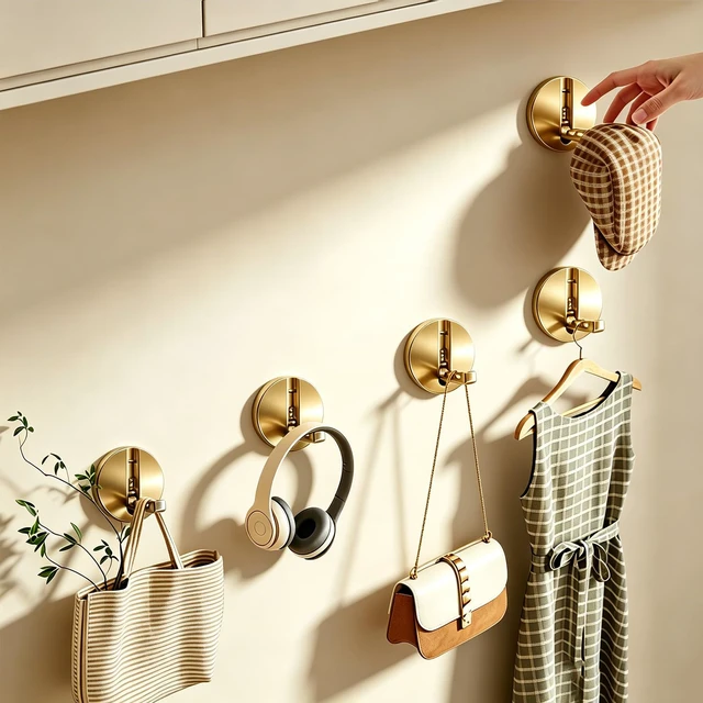 Alt view image 2 of 5 - Foldable Shower Towel Coat Hooks 2PCS, Heavy Duty Metal Wall Hooks | Multi Purpose Wall Mounted Hanging Hooks for Bathroom Entryway, Brushed Gold