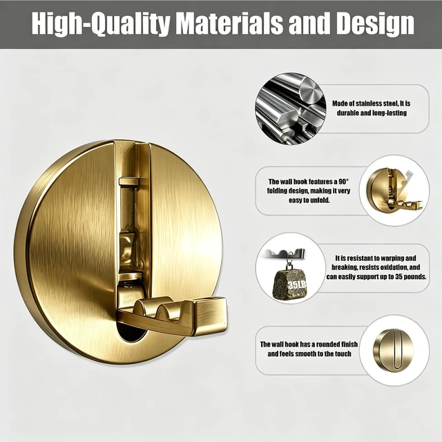 Alt view image 4 of 5 - Foldable Shower Towel Coat Hooks 2PCS, Heavy Duty Metal Wall Hooks | Multi Purpose Wall Mounted Hanging Hooks for Bathroom Entryway, Brushed Gold
