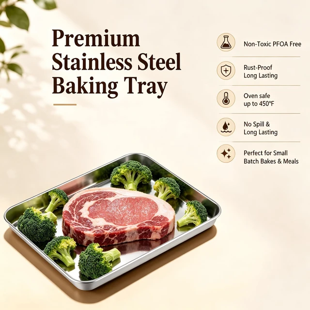 Alt view image 2 of 7 - Stainless Steel Baking Sheet, 10.4" x 8" Cookie Sheet Pan, 1-Pack | Small Toaster Oven Tray for Baking, Healthy & Non-Toxic, Easy Clean & Dishwasher Safe