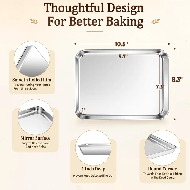 Alt view image 3 of 7 - Stainless Steel Baking Sheet, 10.4" x 8" Cookie Sheet Pan, 1-Pack | Small Toaster Oven Tray for Baking, Healthy & Non-Toxic, Easy Clean & Dishwasher Safe
