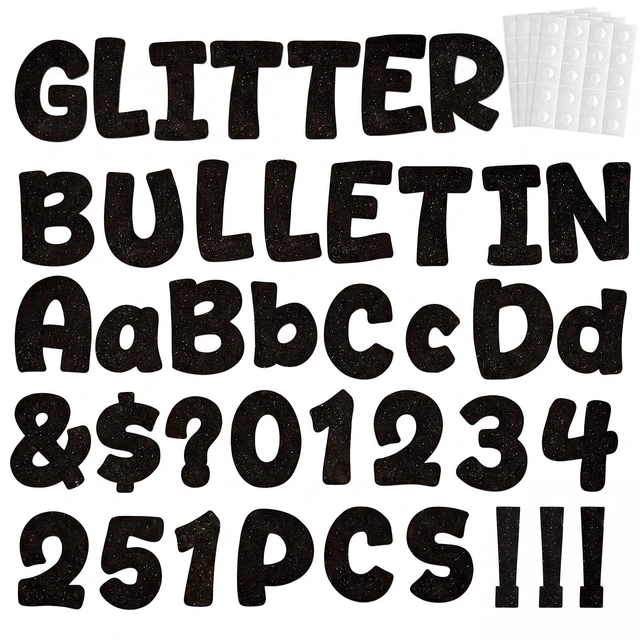 Main image of 251 Pcs Bulletin Board Letters, 4''Glitter Letters for Bulletin Board | Includes 300 Pcs Adhesive Dot, Uppercase, Lowercase, Numbers, Punctuation and Symbols, for Classroom Decor DIY - Black