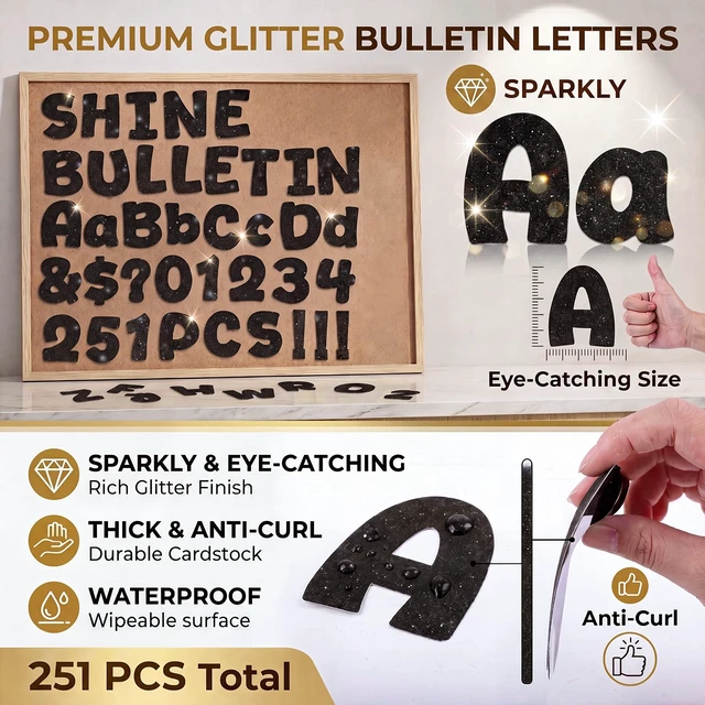 Alt view image 4 of 4 - 251 Pcs Bulletin Board Letters, 4''Glitter Letters for Bulletin Board | Includes 300 Pcs Adhesive Dot, Uppercase, Lowercase, Numbers, Punctuation and Symbols, for Classroom Decor DIY - Black