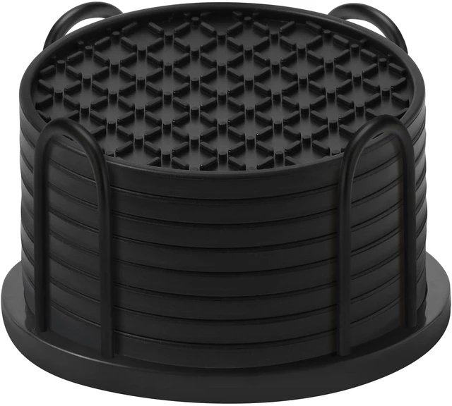 Main image of Silicone Coasters Set of 8 with Holder, 4 Inch Non-Slip Waterproof Heat Resistant Drink Mats for Coffee Table, Desk, Kitchen, Bar, Outdoor Patio (Black, 8 PCS)