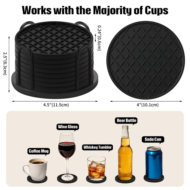 Alt view image 5 of 6 - Silicone Coasters Set of 8 with Holder, 4 Inch Non-Slip Waterproof Heat Resistant Drink Mats for Coffee Table, Desk, Kitchen, Bar, Outdoor Patio (Black, 8 PCS)