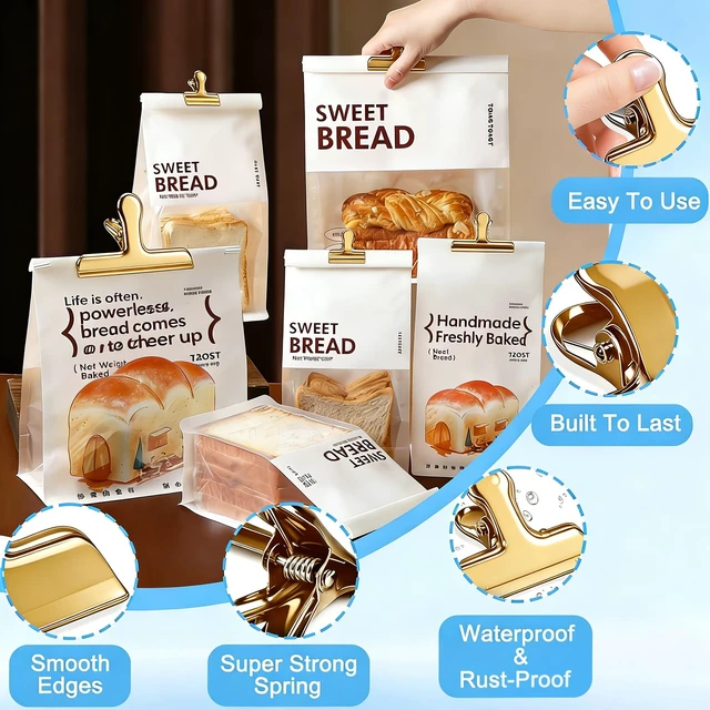 Alt view image 3 of 6 - Bag Clips, 8 Pack Chip Clips Heavy Duty Snack Bread Coffee Clip, Air Tight Seal Food Clip Large Clamp Office Paper Clamps for Food Packages, Kitchen, Office, Home, Fridge Gold