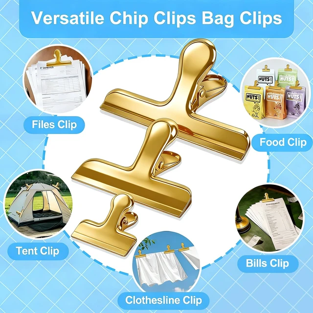 Alt view image 4 of 6 - Bag Clips, 8 Pack Chip Clips Heavy Duty Snack Bread Coffee Clip, Air Tight Seal Food Clip Large Clamp Office Paper Clamps for Food Packages, Kitchen, Office, Home, Fridge Gold