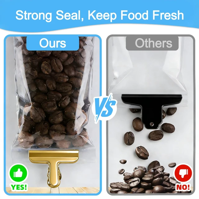 Alt view image 6 of 6 - Bag Clips, 8 Pack Chip Clips Heavy Duty Snack Bread Coffee Clip, Air Tight Seal Food Clip Large Clamp Office Paper Clamps for Food Packages, Kitchen, Office, Home, Fridge Gold