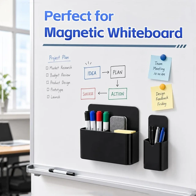 Alt view image 6 of 7 - Magnetic Pen Holder, 2 Pack Magnetic Dry Erase Marker Holder, Black Strong Magnetic Marker Holder Pen Pencil Organizer for Whiteboard, Refrigerator, Office, Locker Accessories, Classroom Must Haves
