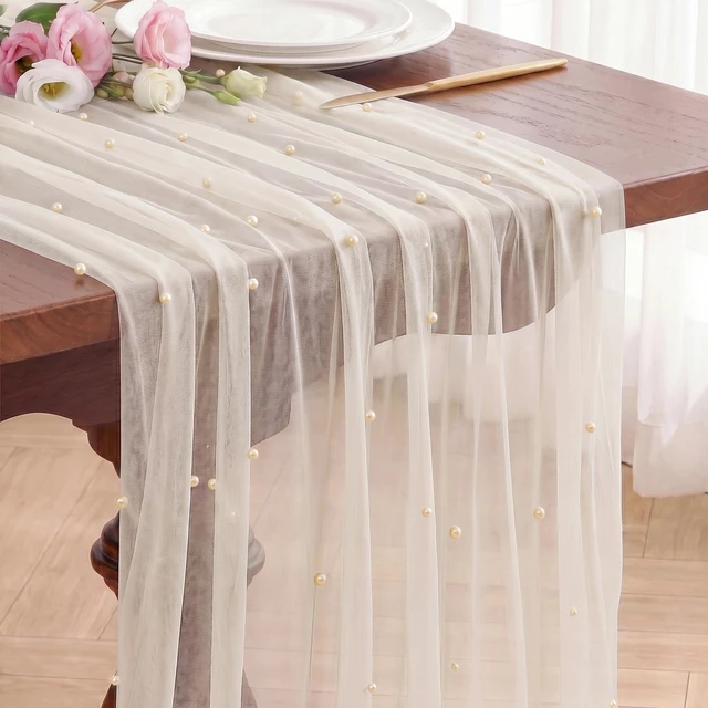 Main image of Ivory Pearl Table Runner Tulle 10FT Gauze Sheer Table Runner | Tulle Pearl Table Runner Sheer Cheesecloth for Party Dining Wedding Birthday Baby Shower Thanksgiving Christmas Table Decor