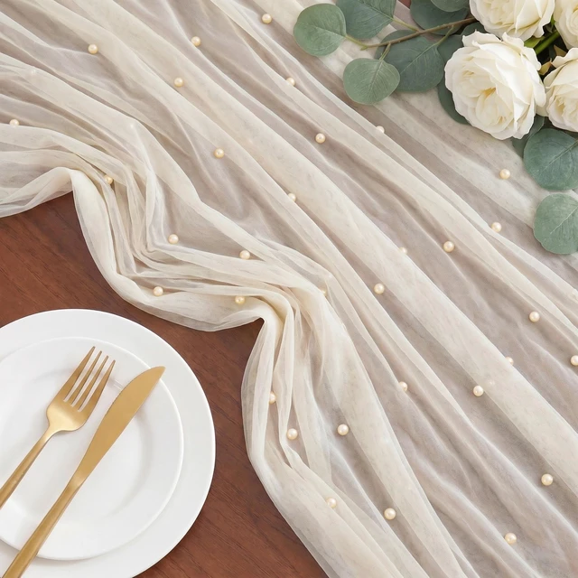Alt view image 2 of 7 - Ivory Pearl Table Runner Tulle 10FT Gauze Sheer Table Runner | Tulle Pearl Table Runner Sheer Cheesecloth for Party Dining Wedding Birthday Baby Shower Thanksgiving Christmas Table Decor
