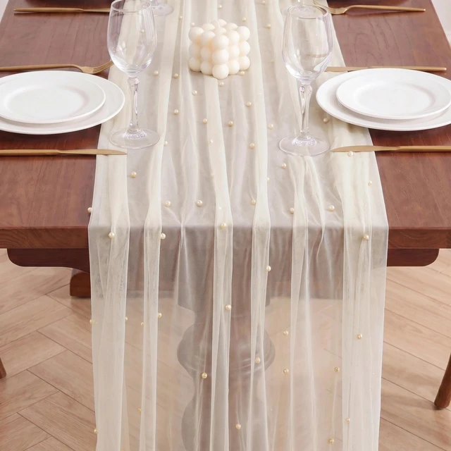 Alt view image 3 of 7 - Ivory Pearl Table Runner Tulle 10FT Gauze Sheer Table Runner | Tulle Pearl Table Runner Sheer Cheesecloth for Party Dining Wedding Birthday Baby Shower Thanksgiving Christmas Table Decor