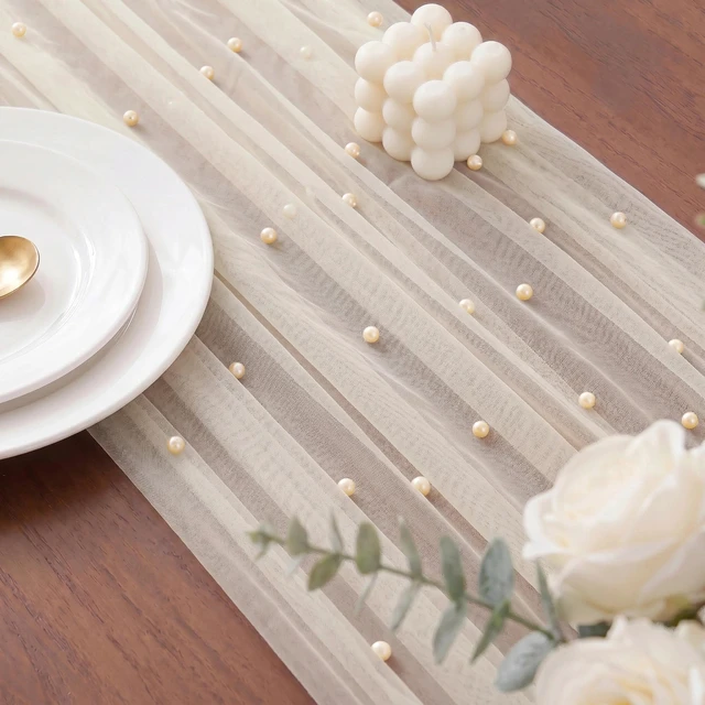 Alt view image 4 of 7 - Ivory Pearl Table Runner Tulle 10FT Gauze Sheer Table Runner | Tulle Pearl Table Runner Sheer Cheesecloth for Party Dining Wedding Birthday Baby Shower Thanksgiving Christmas Table Decor