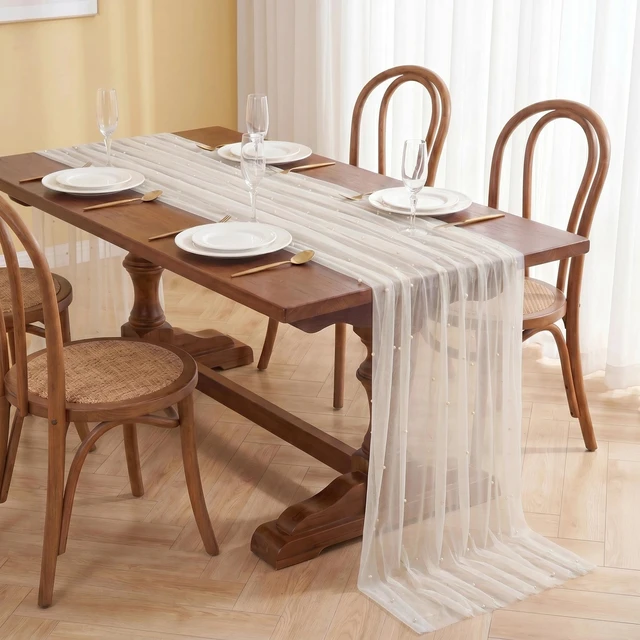 Alt view image 5 of 7 - Ivory Pearl Table Runner Tulle 10FT Gauze Sheer Table Runner | Tulle Pearl Table Runner Sheer Cheesecloth for Party Dining Wedding Birthday Baby Shower Thanksgiving Christmas Table Decor