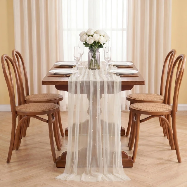 Alt view image 7 of 7 - Ivory Pearl Table Runner Tulle 10FT Gauze Sheer Table Runner | Tulle Pearl Table Runner Sheer Cheesecloth for Party Dining Wedding Birthday Baby Shower Thanksgiving Christmas Table Decor