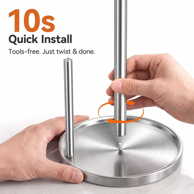 Alt view image 4 of 6 - Paper Towel Holder Stainless Steel for Kitchen Countertop Weighted Base | Weighted Base,Roll Holder, Stainless Steel Silver, Freestanding Anti Slip,Stable Towel Holders