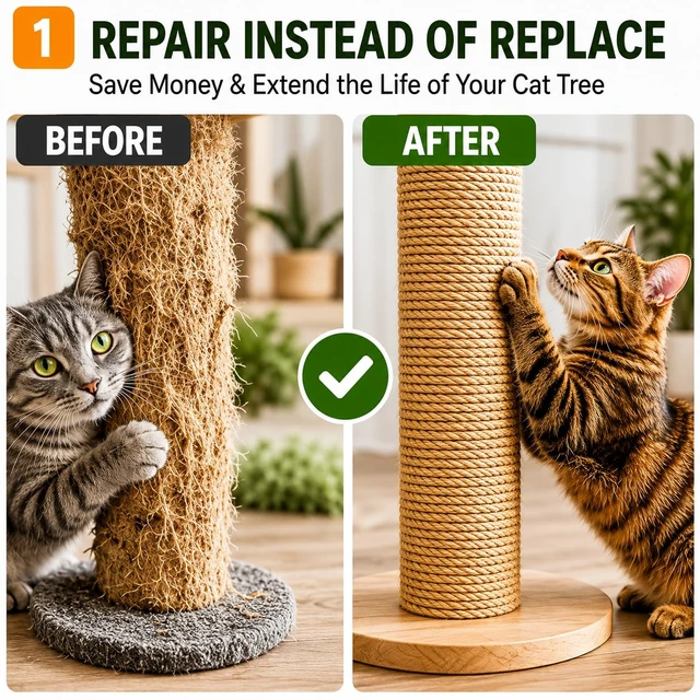 Alt view image 2 of 7 - Natural Sisal Rope for Cat Scratcher, Replacement Durable Cat Scratching Post Rope for Recovering Cat Towers, DIY Crafts and Gardening (1/6 inch by 66 feet)