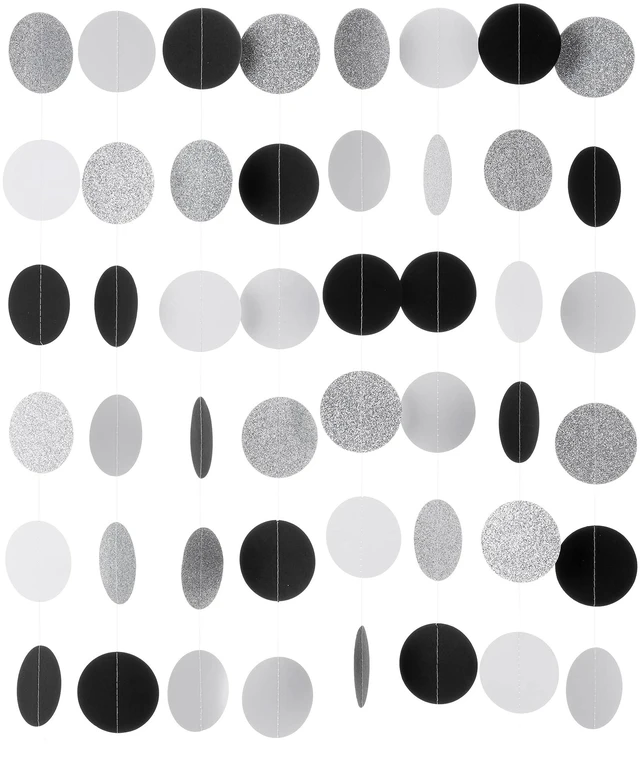 Main image of Black White Silver Glitter Paper Garland Circle Dot Streamer Banner for Graduation Bridal Shower Wedding Birthday Party Decorations, 2.5" in Diameter, 20 Feet in Total