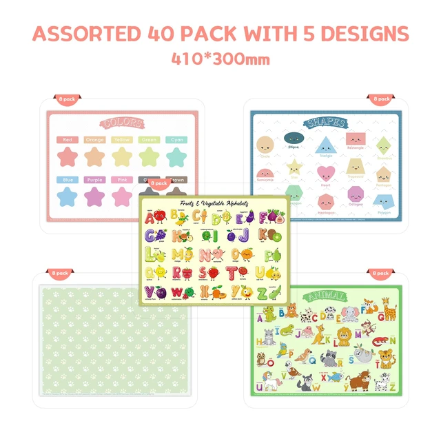 Alt view image 2 of 5 - Disposable Placemats for Baby Kids Placemats for Restaurants Dining Table, Sticky Disposable Placemats for Toddlers - Animal, Fruit, Alphabet, Star, and Shape Designs, 40-Pack, 12x16 Inches