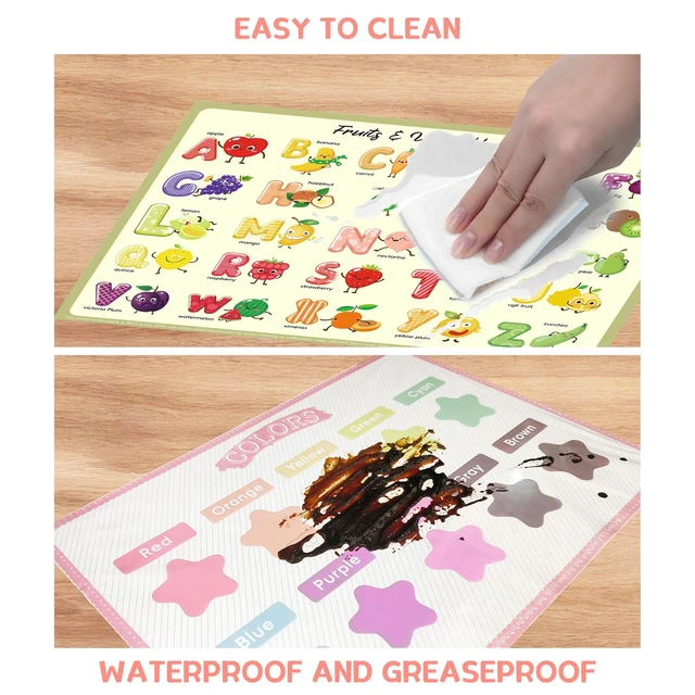 Alt view image 3 of 5 - Disposable Placemats for Baby Kids Placemats for Restaurants Dining Table, Sticky Disposable Placemats for Toddlers - Animal, Fruit, Alphabet, Star, and Shape Designs, 40-Pack, 12x16 Inches