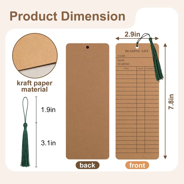 Alt view image 3 of 5 - 100 Pcs,50 Elegant Reading List Bookmarks with 50 Dark Green Tassels, 3x8 Inch Cardstock Book Tracker & Reading Log for Book Lovers, Students, Teachers, Graduation Gifts & Back-to-School Supplie