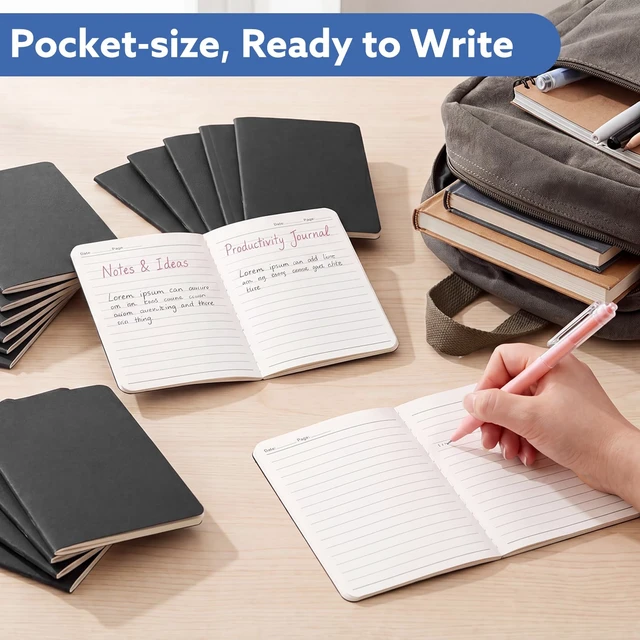 Alt view image 5 of 6 - 12 Pack Black Mini Notebooks Bulk, A6 Small Lined Pocket Notepads | 3.5 x 5.5 In, Travel Journal for Women Men, Sturdy Cardstock Covers, for School, Lists, Office