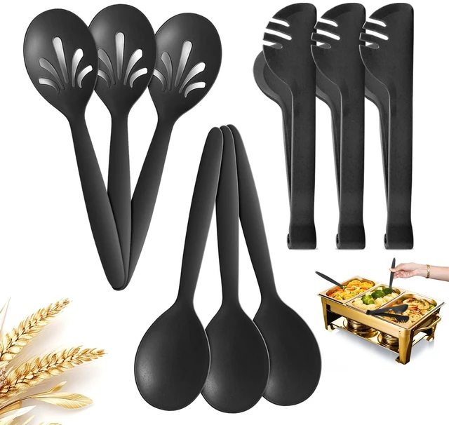 Main image of Reusable Plastic Serving Utensils Set of 9, Wheat straw Large Serving set 10" Serving Spoons/10" Slotted Spoons/9.4" Tongs, for Party Buffet Catering (Black, Not for Cooking)