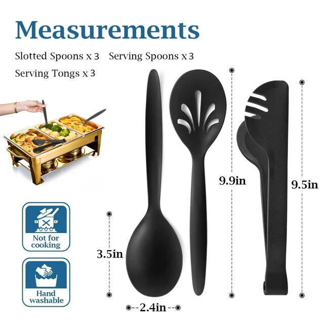Alt view image 2 of 7 - Reusable Plastic Serving Utensils Set of 9, Wheat straw Large Serving set 10" Serving Spoons/10" Slotted Spoons/9.4" Tongs, for Party Buffet Catering (Black, Not for Cooking)