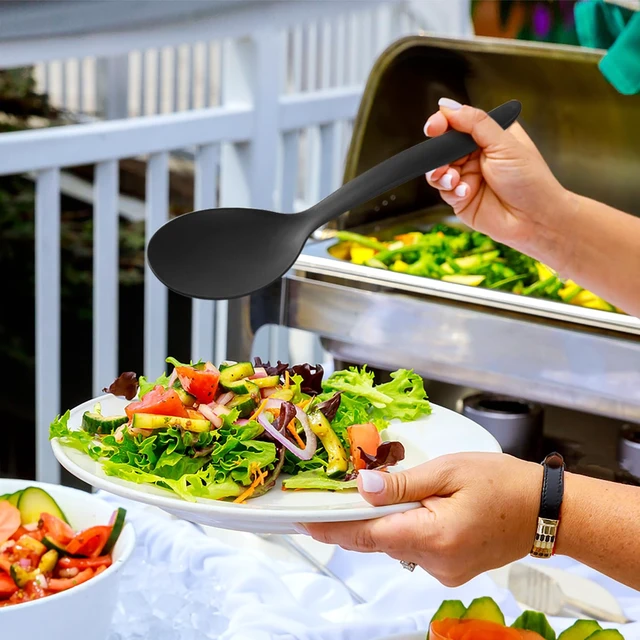 Alt view image 5 of 7 - Reusable Plastic Serving Utensils Set of 9, Wheat straw Large Serving set 10" Serving Spoons/10" Slotted Spoons/9.4" Tongs, for Party Buffet Catering (Black, Not for Cooking)