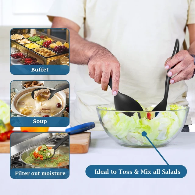 Alt view image 4 of 7 - Reusable Plastic Serving Utensils Set of 9, Wheat straw Large Serving set 10" Serving Spoons/10" Slotted Spoons/9.4" Tongs, for Party Buffet Catering (Black, Not for Cooking)