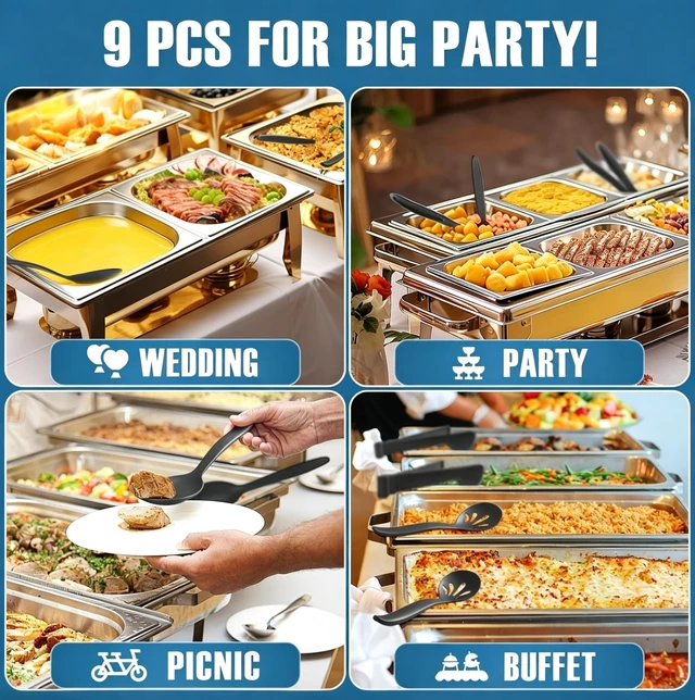 Alt view image 7 of 7 - Reusable Plastic Serving Utensils Set of 9, Wheat straw Large Serving set 10" Serving Spoons/10" Slotted Spoons/9.4" Tongs, for Party Buffet Catering (Black, Not for Cooking)