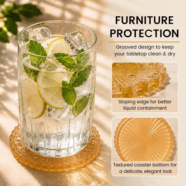 Alt view image 3 of 7 - Silicone Drink Coasters Set of 4, Outdoor Coasters Light-Play | Prevents Condensation&Spills, Non-Slip, Reusable&Easy Clean, Elegant Modern Home Decor, Striped Design, Amber