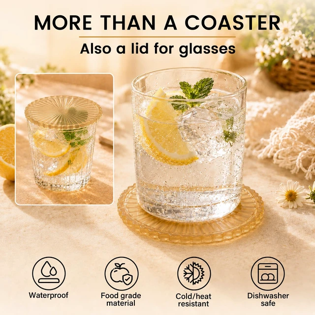 Alt view image 5 of 7 - Silicone Drink Coasters Set of 4, Outdoor Coasters Light-Play | Prevents Condensation&Spills, Non-Slip, Reusable&Easy Clean, Elegant Modern Home Decor, Striped Design, Amber