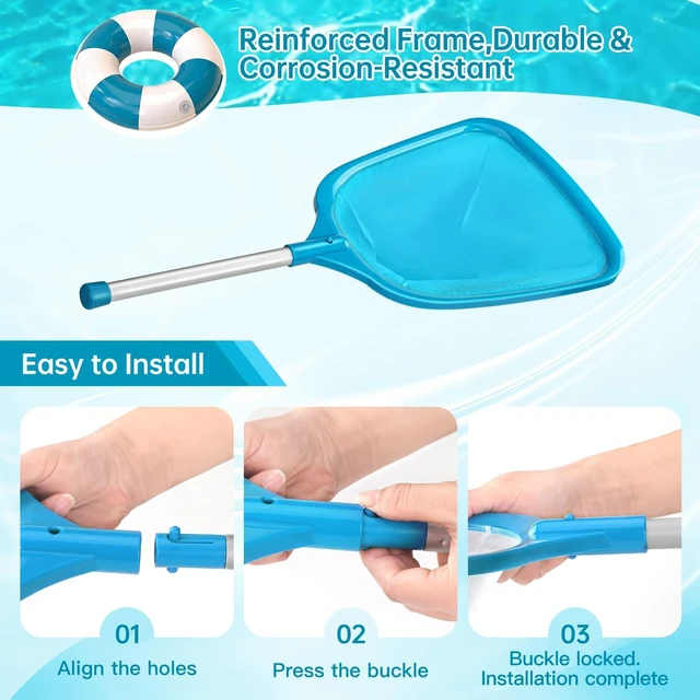 Alt view image 4 of 5 - Pool Net, Professional Swimming Pool & Hot Tub Skimmer Net Accessories, Pool Leaf Rake Cleaning Tool with Pole, Fine Nylon Mesh Bag, Easy to Clean Bugs,Leaves,Debris(Blue)
